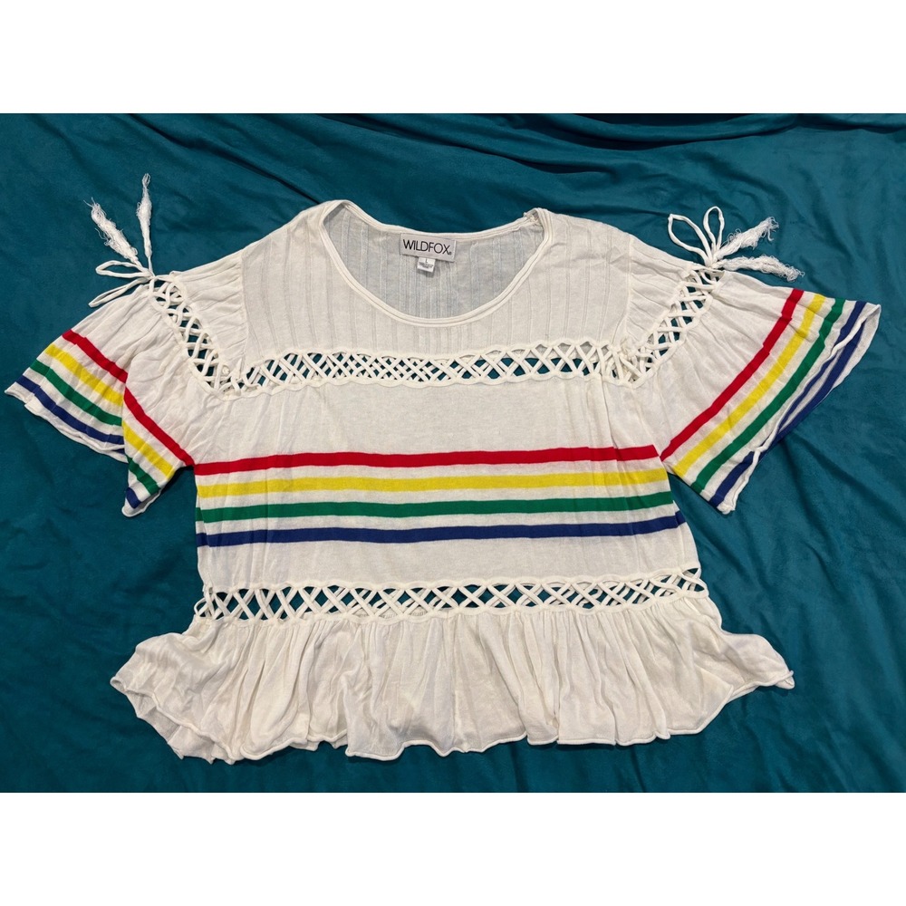 Wildfox Rainbow Stripe Peasant‎ Top Crochet Trim Boho Chic Blouse Large